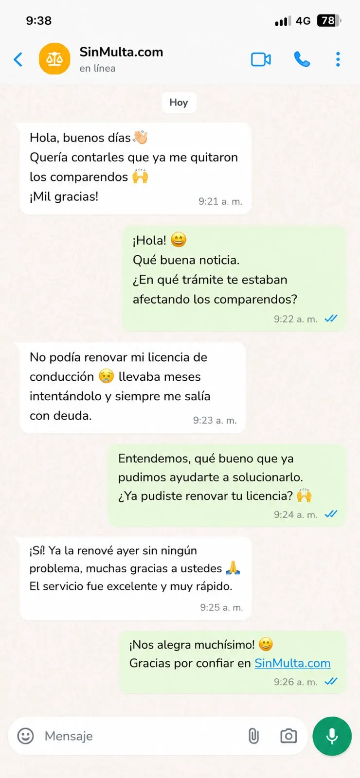Chat de WhatsApp en Bogotá: cliente escribe por primera vez y consulta sobre sus multas de tránsito.