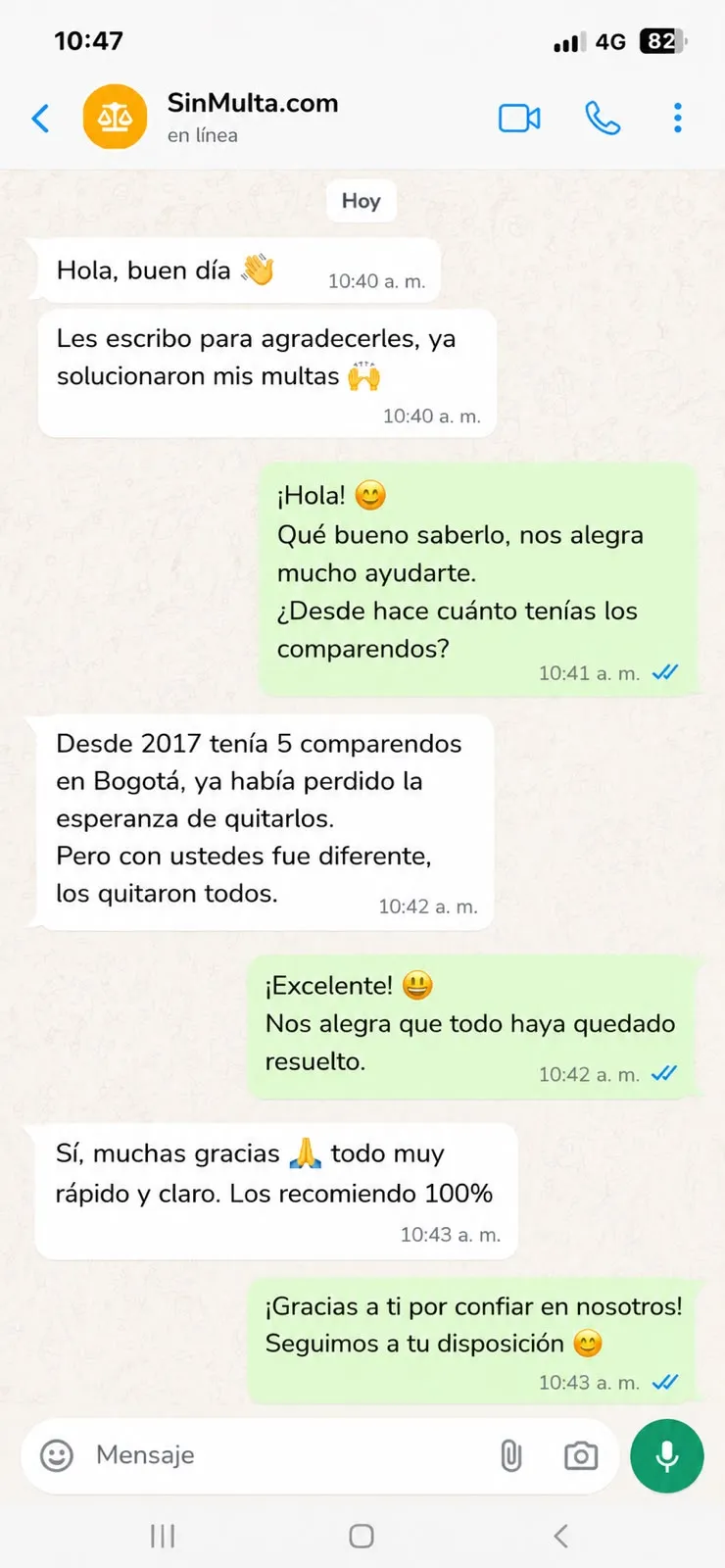 Chat de WhatsApp en Bogotá: el equipo de SinMulta comparte el resultado de la consulta en SIMIT.