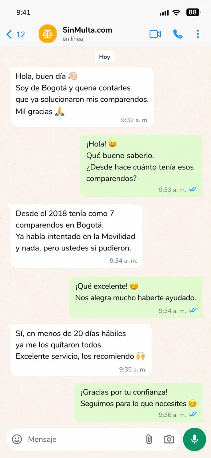 Chat de WhatsApp en Bogotá: explicación de cada comparendo y de las opciones legales disponibles.