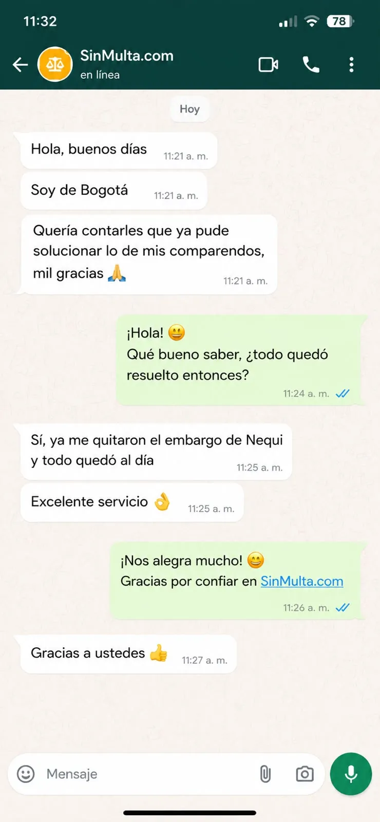 Chat de WhatsApp en Bogotá: cliente reporta bloqueo en Nequi por multas antiguas.