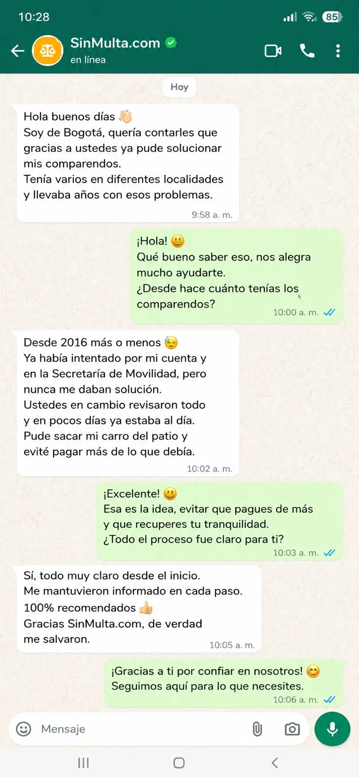 Chat de WhatsApp en Bogotá: avance en el levantamiento del bloqueo por multas.