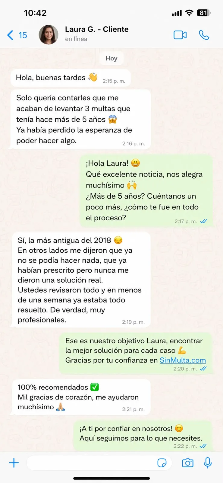 Chat de WhatsApp en Bogotá: cliente confirma que su caso ya fue resuelto.